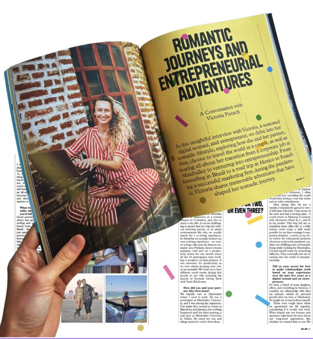 An open magazine showing a feature interview with Victoria Puzach.